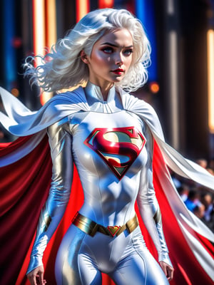 a girl with white hair in an elaborate Superman costume with long sleeves in white, covering the whole body, Vivid colors, (dramatic lighting:1.3), white capelet , White Superman Costume, Suit with white carbon fiber details, (intricate details:0.9), (HDR, hyper-detailing:1.2), (natural skin textures, hyper realisitc, soft light, Sharp