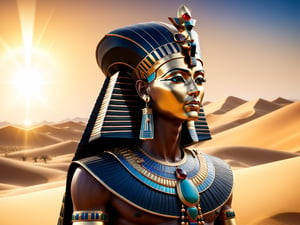 A stunning 3D render of Tutankhamun, the ancient Egyptian pharaoh from the 18th Dynasty. He is depicted wearing his iconic gold en crown and elaborate headdress, adorned with precious gemstones. The background reveals a grandiose cinematic scene with a vast desert landscape, featuring towering sand dunes and a powerful sun setting in the distance. The overall atmosphere of the image is both regal and awe-inspiring., photo, cinematic, 3d render