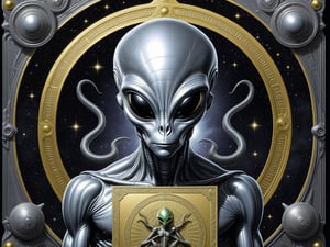 there is a silver alien holding a sign with a gold border, grey alien, extraterrestrial, alien design, galactic dmt entity, high detailed official artwork, reptilian space alien, enlightenment tripping on dmt, inspired by Ravi Zupa, enlightened, official illustration, black light velvet poster, gray alien, grey aliens, added detail, official artwork