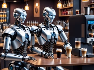 there is a robot that is sitting on a table next to a coffee machine, robot barkeep, robots drinking alcohol, the most advanced humanoid robot, robot with human face, friendly humanoid cyber robot, robot lurks in the background, biometric humanoid robot, friendly humanoid robot, humanoide robot, view is centered on the robot
