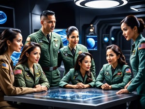 Five beautiful Latino individuals, CAPTAIN RAY SHAR (early 40s, military leader), DR. MARCUS REYES (late 30s, scientist), LT. GINA PARK (mid-30s, pilot/engineer), JACKSON REED (mid-30s, archaeologist/linguist), and beautiful TINA TORRES (late 20s, tech specialist) are gathered around a large table. WITH A halogram of Alien Base 4K beast quality