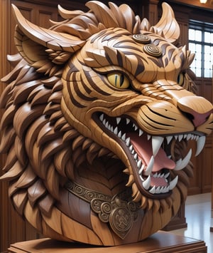 there is a large wooden sculpture of a dragon head on display, tiger head,  tiger_beast, monstrous animal statues, third lion head, the cheshire cat, anthropomorphic tiger, dragon head, portrait of a sacred serpent, made of intricate metal and wood, giant cat monster, sculpture made of wood, intricate artwork masterpiece, by Ray Shark
