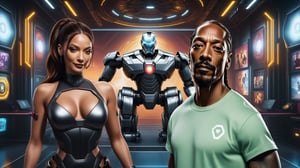 there is a man and a woman standing in a sci - fi room, snoop dogg in mortal kombat, alena aenami and android jones, cyberpunk iron man, mkbhd as iron man, ( ( robot cyborgs ) ), gta loading screen art, background artwork, snoop dogg in gta v, part robot and part black human, concept art like ernest khalimov