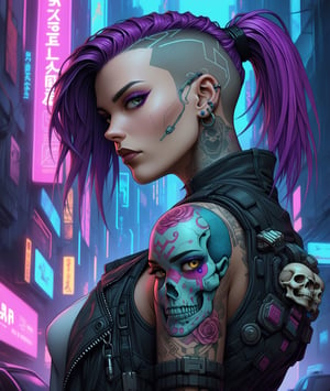 there is a woman with a tattoo on her arm and a skull on her shoulder, cyberpunk art style, the cyberpunk girl portrait, cyberpunk style color, in style of digital illustration, cyberpunk artstyle, cyberpunk themed art, cyberpunk shading, detailed cyberpunk illustration, beautiful female neuromancer, cyberpunk illustration, hyper-realistic cyberpunk style, stunning digital illustration, cyberpunk comic cover art
