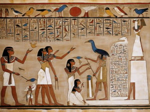 egyptian painting of a group of people with a bird, ancient egypt painting, ancient egypt art, egyptian art, ancient egyptian art, egyptian iconography, egyptian gods, egyptian symbolism, ancient egyptian mural, egyptian mythology, ancient egyptian, egyptian style, kemetic symbolism, egyptian setting, egyptian clothing, ancient egypt, egypt themed art, egyptian, hieroglyphic occult