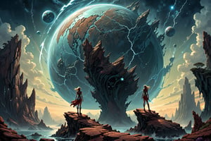 a woman standing on a rock looking at a planet, epic fantasy sci fi illustration, fractal thunder dan mumford, wide angle fantasy art, inspired by Michael Parkes, fantasy epic digital art, epic fantasy illustration, detailed fantasy digital art, by, epic fantasy digital art, dramatic fantasy art, science fantasy painting,more detail XL