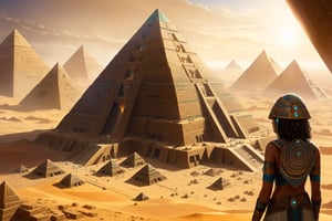 (best quality:1.33), (masterpiece:1.42), (realistic:1.24), (detailed:1.15), (high_res),there is a woman standing in front of a pyramid with a pyramid in the background, ancient megastructure pyramid, pyramid portal, giant aztec spaceship, giant aztec space city, interplanetary cathedral, exterior of scifi temple, dmt temple, galactic temple, dome of wonders, in a futuristic desert palace, futuristic persian palace, cosmic architecture, ancient yet futuristic