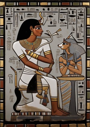  Egyptian wall painting 3d – Sennefer seated with wife , ancient egypt art, ancient egypt painting, ancient egyptian art, egyptian art, ancient egyptian mural, ancient egyptian, egyptian, egyptian iconography, egypt themed art, wind egyptian god, historical artistic depiction, seshat, fresco, bastet, ancient egypt, egyptian clothing, brown skin man egyptian prince, egypt god. glass, gold, gems,