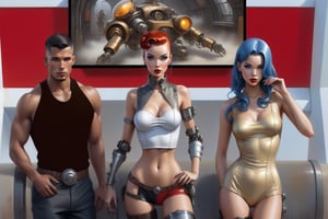 there are two women in a futuristic setting with a robot, beautiful cyborg girl pinup, dieselpunk art style, retrofuturistic female android, steampunk pin-up girl, chris moore. artgerm, dieselpunk cyborgs, pinup art, beautiful female android!, beauty blade runner woman, artgerm julie bell beeple, dieselpunk, extreamely detailed insanely detailed super detailed hyper detailed hyper resolution beautiful