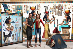 there are two people standing in front of a wall with egyptian paintings, egyptian clothing, egyptian clothes, pharaoh clothes, egyptian style, egyptian setting, fashion gameplay screenshot, black emma watson as egyptian, colorful city in ancient egypt, ancient egyptian, egyptian gods, ancient egypt, egypt themed art, egyptian, wears a egyptian ankh necklace, egyptian atmosphere