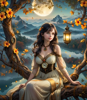 In a mystical forest setting, a stunning Latin goddess (Felicity Jones) sits atop a gnarled tree branch, surrounded by autumn leaves gently falling in the wind. Her long, black hair flows like silk, blending with the golden hues of the hibiscus flowers blooming in the background. A fractal mandala adorns her skin, as she gazes up at an old antique clock floating above, its soft glow illuminating her face and upper body. Transparent clothing showcases her curves, with a subtle smile playing on her lips. Her eyes sparkle with wisdom and understanding, inviting the viewer into her mystical world.lantern, fog, mystery and fantasy, full moon reflection in distant lake, distant mountains,
