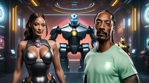 there is a man and a woman standing in a sci - fi room, snoop dogg in mortal kombat, alena aenami and android jones, cyberpunk iron man, mkbhd as iron man, ( ( robot cyborgs ) ), gta loading screen art, background artwork, snoop dogg in gta v, part robot and part black human, concept art like ernest khalimov