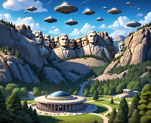 spaceship flying over a mountain of carved presidents with a spaceship hovering above, mount rushmore, ufos, aliens invading earth, monumental mountains, ufo landing, ufo aliens, time travelers appear in a park, by John Luke, ufology, video, populated with aliens and people, monumental structures, aliens land here, ufo, ancient alien portal, ancient alien head stone statues
