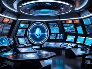 The command center is filled with holographic displays showing schematics of the alien base