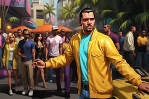 there is a man in a yellow jacket standing in front of a crowd, in style of digital painting, cartoon digital painting, gta vice city style art, in style of digital illustration, #1 digital painting of all time, # 1 digital painting of all time, stylized digital illustration, gta vice city art style, digital cartoon painting art, style of gta v artworks