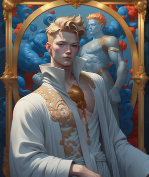 a statue of a man in a white robe and filigree a gold frame, with a war style on the background in style james jean, beeple and james jean, style of james jean, james jean art, james jean andrei riabovitchev, james jean and wlop, james jean marc, james jean style, james jean and peter mohrbacher, james jean artwork
