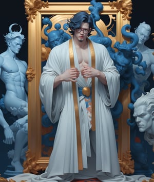 arafed statue of a man in a white robe and a gold frame, in style james jean, beeple and james jean, style of james jean, james jean art, james jean andrei riabovitchev, james jean and wlop, james jean marc, james jean style, james jean and peter mohrbacher, james jean artwork
