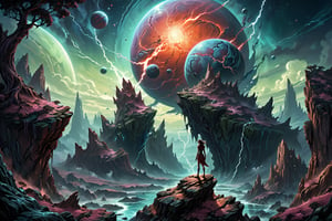 a woman standing on a rock looking at a planet, epic fantasy sci fi illustration, fractal thunder dan mumford, wide angle fantasy art, inspired by Johfra Bosschart, fantasy epic digital art, epic fantasy illustration, detailed fantasy digital art, by Johfra Bosschart, epic fantasy digital art, dramatic fantasy art, science fantasy painting,more detail XL