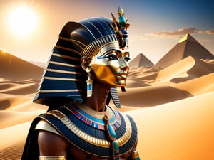 A stunning 3D render of Tutankhamun, the ancient Egyptian pharaoh from the 18th Dynasty. He is depicted wearing his iconic gold en crown and elaborate headdress, adorned with precious gemstones. The background reveals a grandiose cinematic scene with a vast desert landscape, featuring towering sand dunes and a powerful sun setting in the distance. The overall atmosphere of the image is both regal and awe-inspiring., photo, cinematic, 3d render