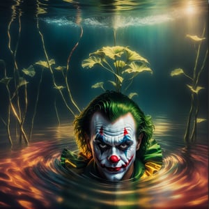 there is a man with a clown face in the water, surrealism 8k, concept art. 8 k, portrait of joker, movie still 8 k, fan art, film still of the joker, epic surrealism 8k oil painting, portrait of a joker, joker, from joker (2019), inspired by Mike Winkelmann, clown world