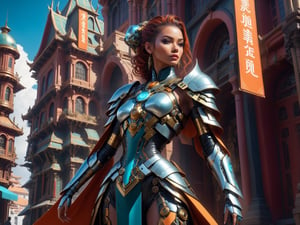 arafed woman in a costume standing in front of a building, artgerm julie bell beeple, 4k highly detailed digital art, cyborg merchant girl, 4 k detail fantasy, 8k high quality detailed art, 4k detailed digital art, stylized urban fantasy artwork, cyborg merchant woman, moebius + loish + wlop, Artstation contest winner
