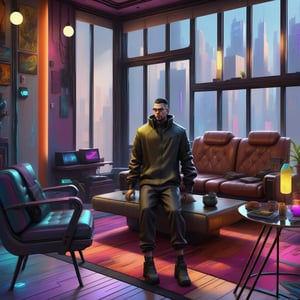 painting of a man in a living room with a couch and chairs, in style of digital painting, the cyberpunk apartment, cyberpunk apartment, in a cyberpunk themed room, in style of digital illustration, stylized digital illustration, digital painting. octane render, drawn with photoshop, stylized digital art, stylized urban fantasy artwork, in a cyberpunk setting, style digital painting