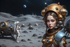 there is a woman with a helmet on standing in front of a spaceship, michael cheval (unreal engine, cyborg goddess in cosmos, inspired victorian sci - fi, lunar themed attire, sci-fi high fantasy, beautiful woman in spacesuit, 4k highly detailed digital art, portrait armored astronaut girl, on the moon, beeple and alphonse mucha