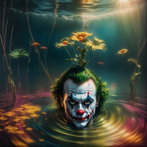 there is a man with a clown face in the water, surrealism 8k, concept art. 8 k, portrait of joker, movie still 8 k, fan art, film still of the joker, epic surrealism 8k oil painting, portrait of a joker, joker, from joker (2019), inspired by Mike Winkelmann, clown world