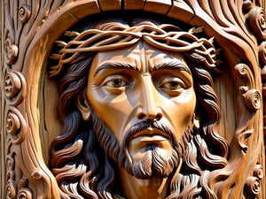 a carved face of jesus on a wooden trunk of a tree very intricate