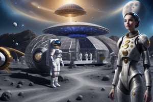 there is a alien woman  standing on the moon, astronauts and space colonies, moon base, gas station in space, space station on the moon, dyson sphere in space, hexagonal planetary space base, solarpunk space ship, blue moon ray tracing, photo of a dyson sphere, solarpunk cantine, depicted as a scifi scene, retrofuturistic science fantasy