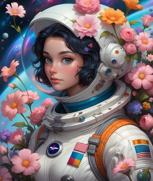 a painting of a woman in a space suit surrounded by flowers, beeple and jeremiah ketner, portrait armored astronaut girl, jen bartel, artgerm julie bell beeple, artgerm and craig mullins, portrait anime space cadet girl, portrait of an ai astronaut, realism | beeple, greg beeple, ross tran 8 k
