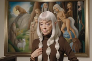 blond woman with white hair and brown sweater standing in front of a painting, margaret keane style, youtube video screenshot, video still, gandalf as a woman, inspired by Lois Dodd, lynn skordal, kay neilsen, rick baker, inspired by Joan Snyder, by Lari Pittman, dramatic art, an epic painting of an artist