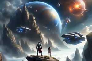 spaceships flying over a mountain with a man and a woman standing on a cliff, epic fantasy sci fi illustration, epic scifi fantasy art, fantasy scifi, sci fi epic digital art, sci-fi fantasy art, award winning scifi art, fantasy sci - fi, sci-fi high fantasy, sci fi artwork, scifi fantasy, sci-fi digital art illustration