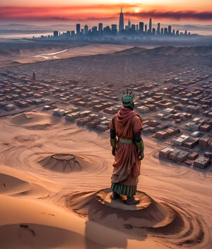 Panoramic view of sand buried San Francisco City ruined deserted by nuclear war, desert hills, smog, beautiful sand patterns, A person wearing radiation protective clothing, red sky, heavy smog, collapsed broken Statue of Liberty buried in desert, view from high attitude



