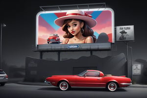 there is a billboard with a woman in a hat and a red car, billboard image, official artwork, extremely high quality artwork, stylized digital illustration, billboard, inspired by Ariana Grande, album art, digital art. , inspired by Vincent Lefevre, in style of digital illustration, high quality artwork, realism art