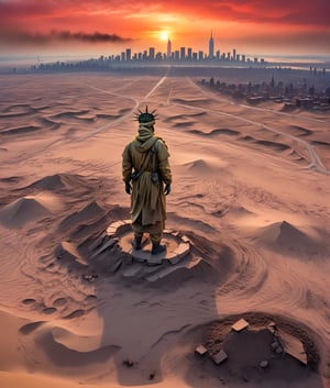 Panoramic view of sand buried New York City ruined deserted by nuclear war, desert hills, smog, beautiful sand patterns, A person wearing radiation protective clothing, red sky, heavy smog, collapsed broken Statue of Liberty buried in desert, view from high attitude



