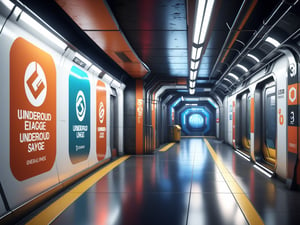 there is a large sign on the wall of a building, underground facility, subway station, underground scene, rendered in unreal engine 3, futuristic cyber subway station, mirrors edge art style, rendered in unreal engine 3d, underground metro, rendered on unreal 3 d, realistic unreal engine 3 d game, photorealistic screenshot, rendered in pov - ray, finalrender