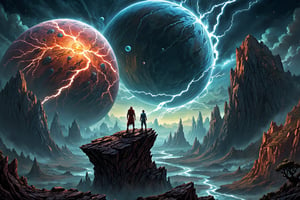 arafed image of a man standing on a rock looking at a planet, epic fantasy sci fi illustration, fractal thunder dan mumford, wide angle fantasy art, inspired by Johfra Bosschart, fantasy epic digital art, epic fantasy illustration, detailed fantasy digital art, by Johfra Bosschart, epic fantasy digital art, dramatic fantasy art, science fantasy painting