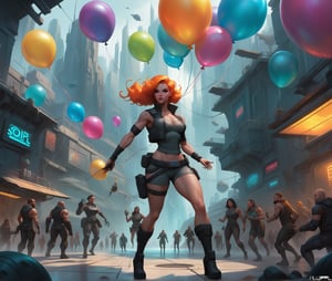 there is a woman with a strange face holding a balloon, artgerm julie bell beeple, greg beeple, beeple and jeremiah ketner, inspired by Jules Chéret, shadowrun splash art, sci-fi digital art illustration, scifi art, sci-fi fantasy art, wlop. scifi, beeple artwork
