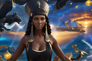 there is a woman with a black dress and an egyptian statue, dark skin female goddess of love, storm egyptian god, epic 3 d yemaya, cinematic goddess close shot, beautiful cleopatra, epic 3 d oshun, cleopatra portrait, android girl in egyptian ruins, 3 d goddess minerva, egyptian princess, kemetic, photo of ghost of anubis