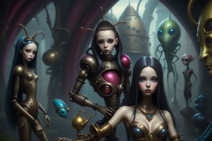 there are two alien statues standing next to each other, beeple and jeremiah ketner, alice in wonderland cyberpunk, surreal dark fantasy, benjamin lacombe, surreal fantasy, michael cheval (unreal engine, surreal and fantasy art, year 3 0 0 0, year 3000, sci fi, the mekanik doll, dark fantasy sci fi