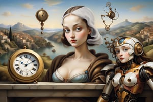 A time of cultural rebirth, where art, science, and humanism flourished, bringing forth masterpieces like Leonardo da Vinci, Salvadore Dali  and Michelangelo's style of a beautiful girl a robote next to a clock