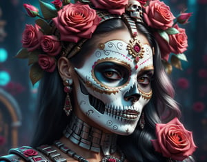 a close up of a woman with a skull makeup and roses, close-up portrait goddess skull, aztec princess portrait, queen of the dead, dia de los muertos. 8 k, portrait of a cyborg queen, 4k highly detailed digital art, detailed painting 4 k, dia de los muertos, cyberpunk cyborg. roses, dia de muertos