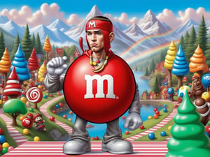 m & m's are the most popular characters, eminem as a m & m candy, eminem as an m & m, round red m & m figure, m & m mascot, a beautiful place Candy land where every thing is made of candy the trees the houses the land cars planes lakes all made out of colorful candy  inspired by Alex Ross, m & m figure, trending on mad magazine, fan art, characters merged, trending on marvel, redlettermedia, in style of marvel and dc