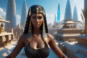 there is a woman with a black dress and an egyptian statue, dark skin female goddess of love, storm egyptian god, epic 3 d yemaya, cinematic goddess close shot, beautiful cleopatra, epic 3 d oshun, cleopatra portrait, android girl in egyptian ruins, 3 d goddess minerva, egyptian princess, kemetic, photo of ghost of anubis