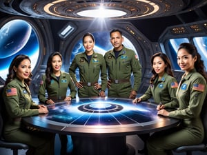 Five Latino individuals, CAPTAIN RAY SHAR (early 40s, military leader), DR. MARCUS REYES (late 30s, scientist), LT. GINA PARK (mid-30s, pilot/engineer), JACKSON REED (mid-30s, archaeologist/linguist), and TINA TORRES (late 20s, tech specialist) are gathered around a large table. WITH A halogram of Alien Base 