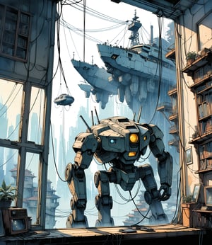 a megalithic robot missing its lower half with wires coming out of the bottom being hoisted by a bunch of wires coming out of its back looking at a flying ship through a window in a cyberpunk mansion, anime style by Tim Bradstreet, line art, clean line art, watercolor, Sketch style.