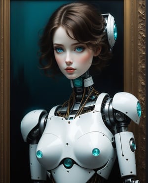 A cinematic masterpiece unfolds as a little funny robot, its porcelain face and head exquisitely detailed, gazes out with perfect, top-quality turquoise eyes. Framed against a dark dramatic backdrop, reminiscent of Jeremy Mann and Charles Dana Gibson's works. The robot's pose is statuesque, bathed in an atmospheric lighting that accentuates the intricate details of its design. Mark Demsteder and Paul Hedley's styles also come to mind as this stunning piece transports viewers to a world of whimsy and wonder.