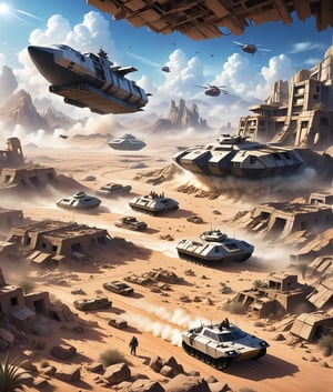 Futuristic desert world, many ruins of collapsed buildings buried in desert hillsides, military hovercraft driving through the ruins with a cloud of dust, humans in futuristic protective gear, radioactive world,views from high altitude




