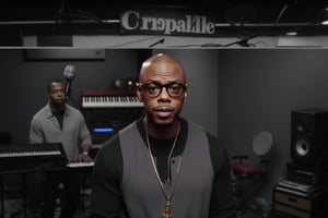 arafed man in a recording studio with a keyboard and a microphone, dave chappelle, jemal shabazz, smooth in _ the background, jeff - hall, inspired by Amos Ferguson, youtube video screenshot, by Amos Ferguson, smooth in the background, in his basement studio, dr dre, by Ronald Davis, ( ( dr sues ) ), realistic ”, realistic”
